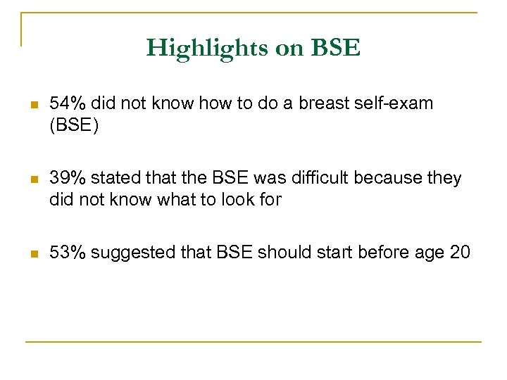 Highlights on BSE n 54% did not know how to do a breast self-exam
