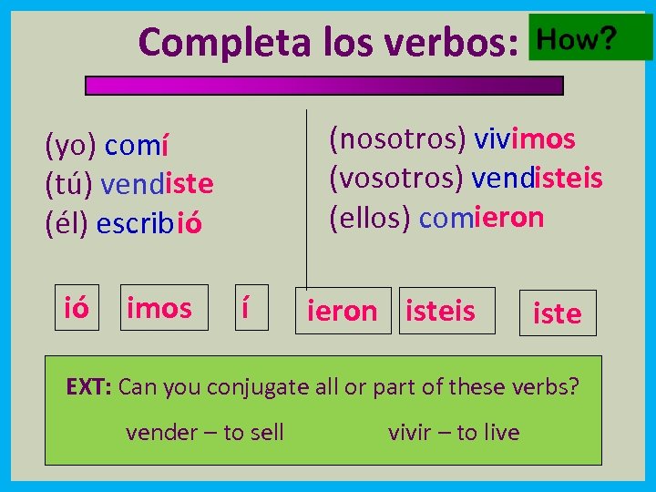 Completa los verbos: (nosotros) vivimos (vosotros) vendisteis (ellos) comieron (yo) comí (tú) vendiste (él)