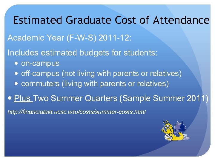 Estimated Graduate Cost of Attendance Academic Year (F-W-S) 2011 -12: Includes estimated budgets for