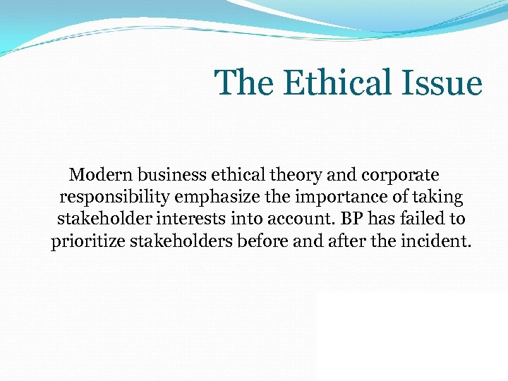 The Ethical Issue Modern business ethical theory and corporate responsibility emphasize the importance of