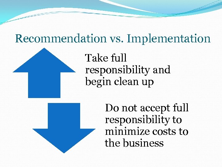 Recommendation vs. Implementation Take full responsibility and begin clean up Do not accept full