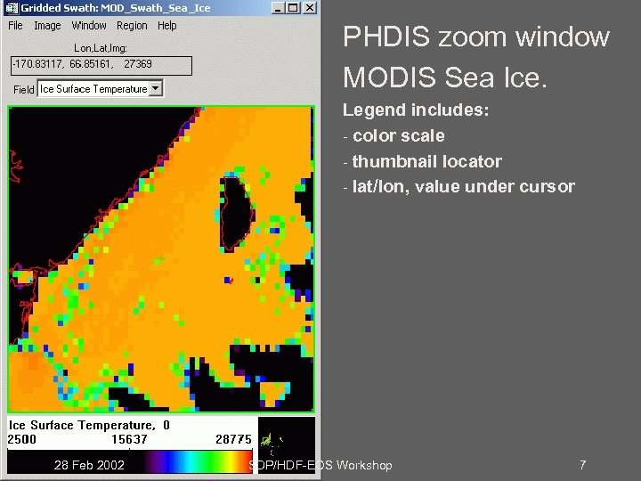 PHDIS zoom window MODIS Sea Ice. Legend includes: - color scale - thumbnail locator