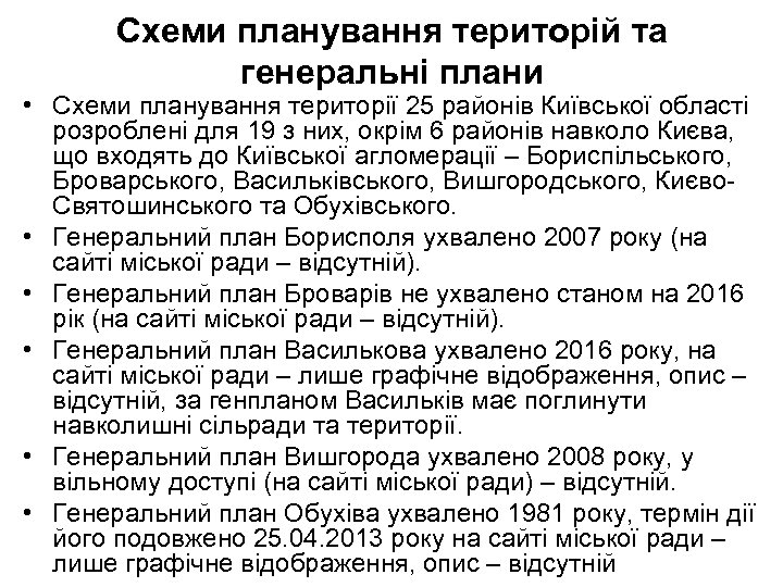 Схеми планування територій та генеральні плани • Схеми планування території 25 районів Київської області