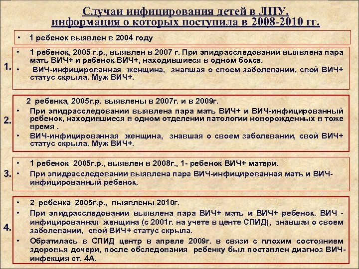Случаи инфицирования детей в ЛПУ, информация о которых поступила в 2008 -2010 гг. •