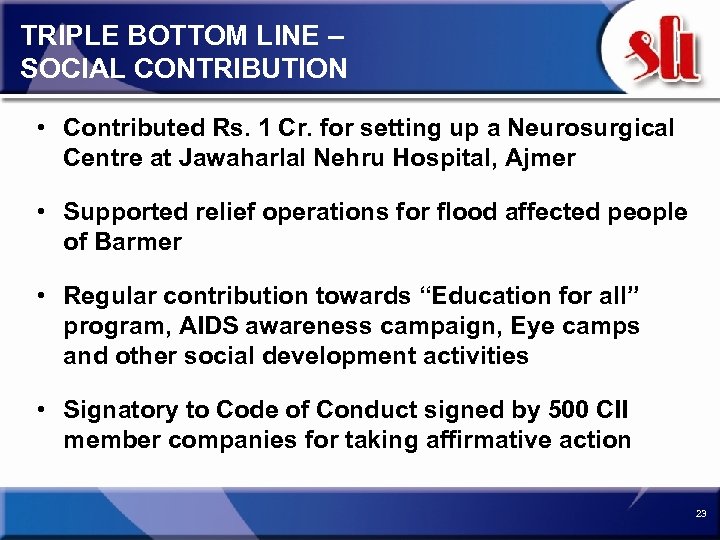 TRIPLE BOTTOM LINE – SOCIAL CONTRIBUTION • Contributed Rs. 1 Cr. for setting up
