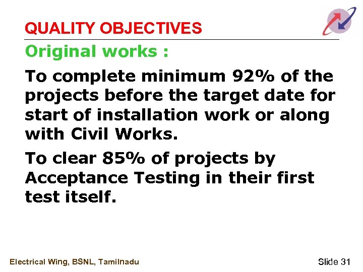 QUALITY OBJECTIVES Original works : To complete minimum 92% of the projects before the