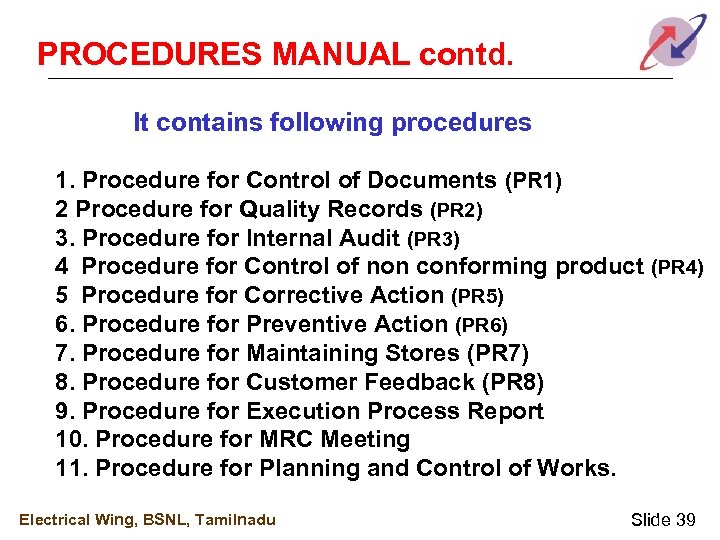 PROCEDURES MANUAL contd. It contains following procedures 1. Procedure for Control of Documents (PR