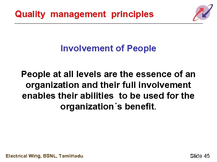 Quality management principles Involvement of People at all levels are the essence of an