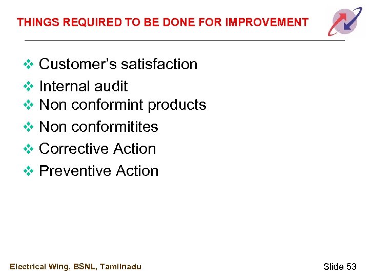 THINGS REQUIRED TO BE DONE FOR IMPROVEMENT v Customer’s satisfaction v Internal audit v