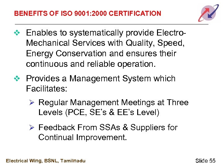 BENEFITS OF ISO 9001: 2000 CERTIFICATION v Enables to systematically provide Electro- Mechanical Services