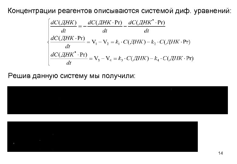 Концентрации реагентов описываются системой диф. уравнений: Решив данную систему мы получили: 14 