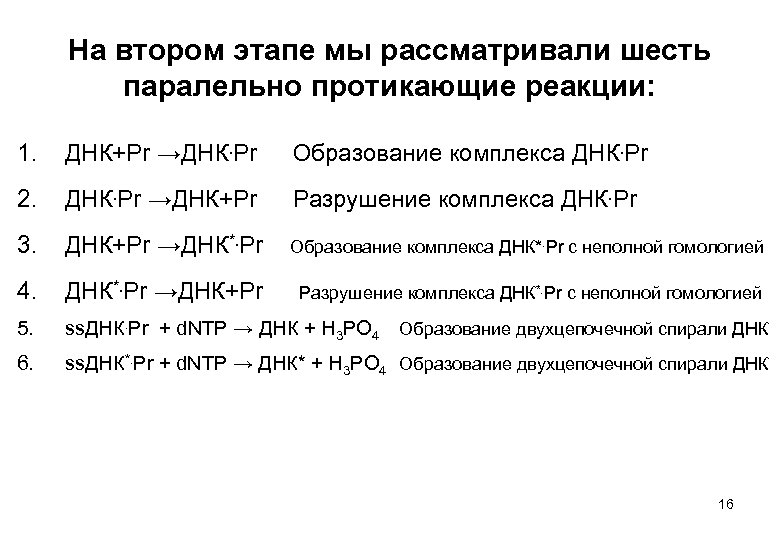 На втором этапе мы рассматривали шесть паралельно протикающие реакции: 1. ДНК+Pr →ДНК. Pr Образование