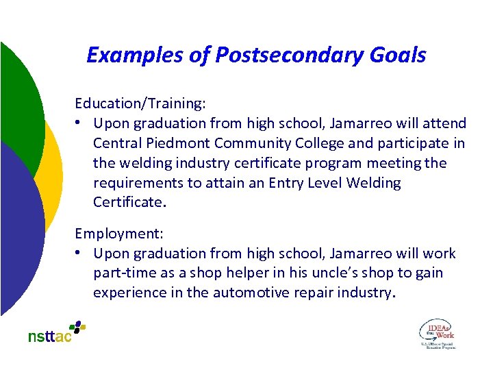 Examples of Postsecondary Goals Education/Training: • Upon graduation from high school, Jamarreo will attend