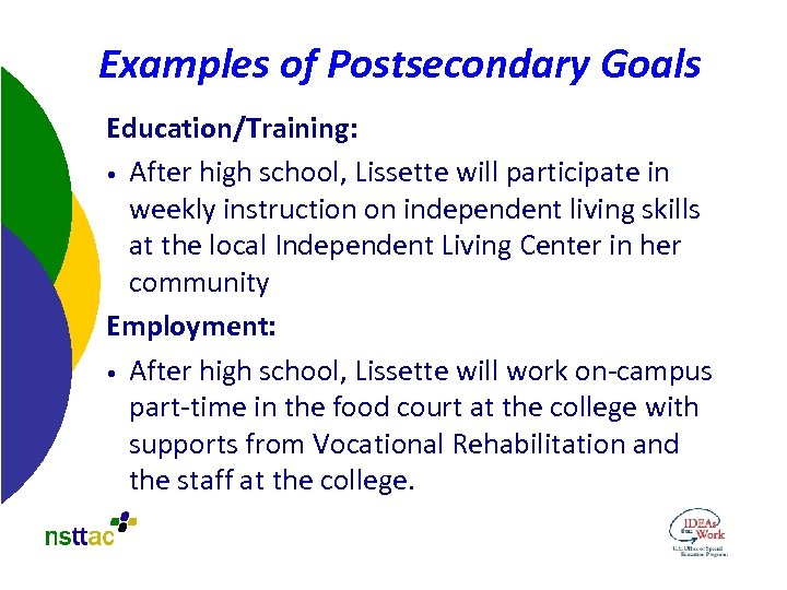 Examples of Postsecondary Goals Education/Training: • After high school, Lissette will participate in weekly