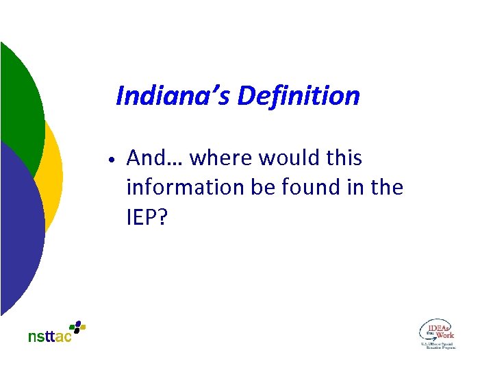 Indiana’s Definition • And… where would this information be found in the IEP? 