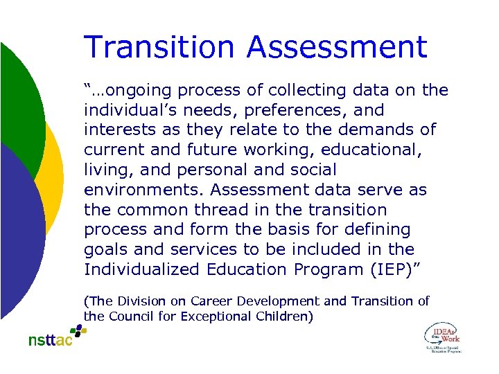 Transition Assessment “…ongoing process of collecting data on the individual’s needs, preferences, and interests