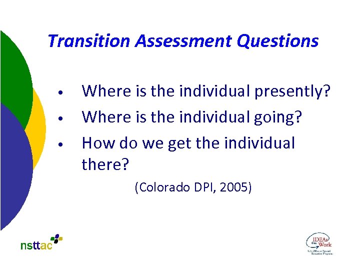 Transition Assessment Questions • • • Where is the individual presently? Where is the