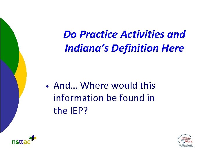 Do Practice Activities and Indiana’s Definition Here • And… Where would this information be