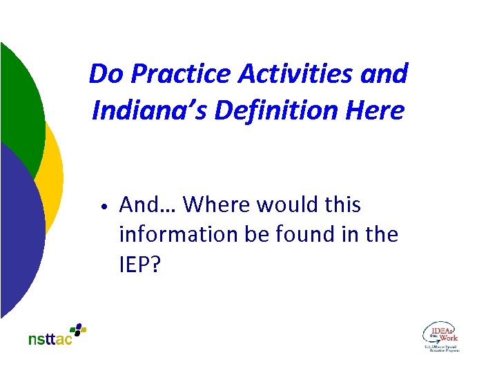 Do Practice Activities and Indiana’s Definition Here • And… Where would this information be