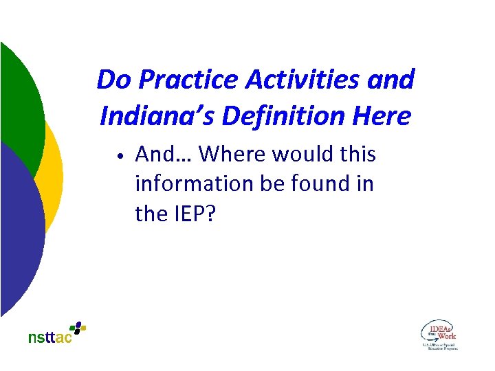 Do Practice Activities and Indiana’s Definition Here • And… Where would this information be