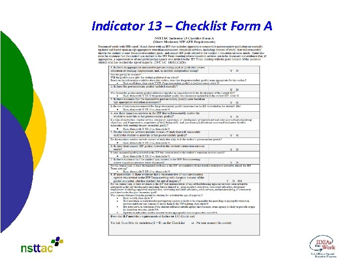 Indicator 13 – Checklist Form A 