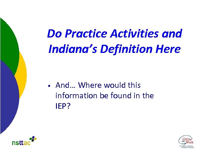 Do Practice Activities and Indiana’s Definition Here • And… Where would this information be