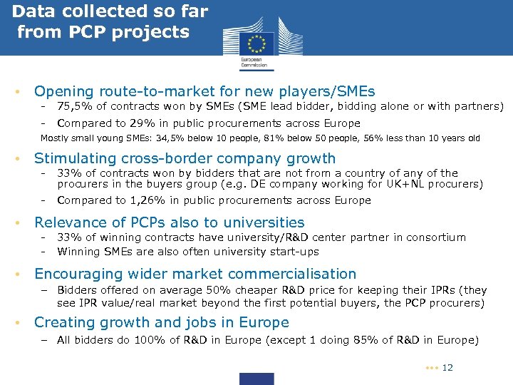  Data collected so far from PCP projects • Opening route-to-market for new players/SMEs