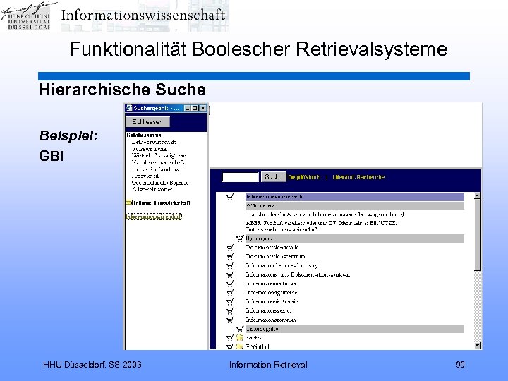Funktionalität Boolescher Retrievalsysteme Hierarchische Suche Beispiel: GBI HHU Düsseldorf, SS 2003 Information Retrieval 99