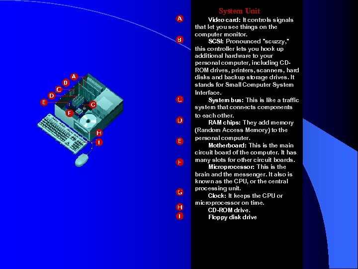  System Unit Video card: It controls signals that let you see things on