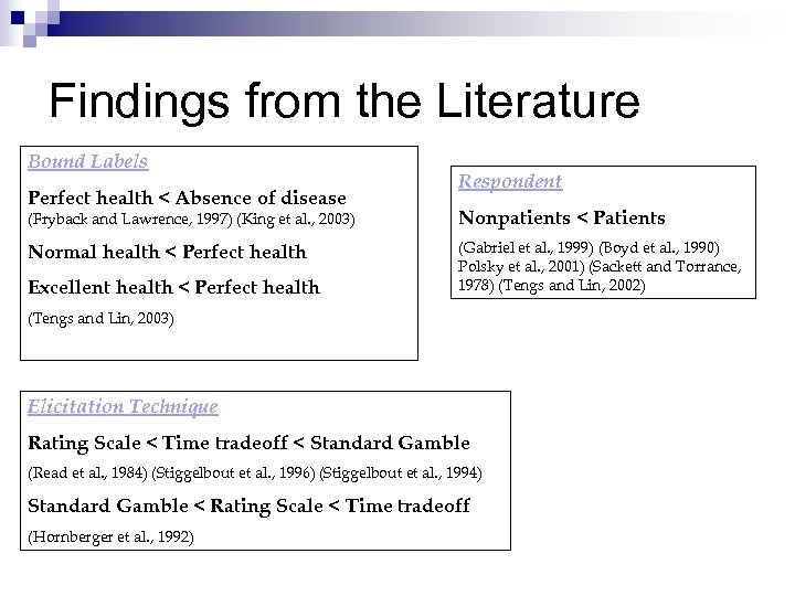 Findings from the Literature Bound Labels Perfect health < Absence of disease Respondent (Fryback