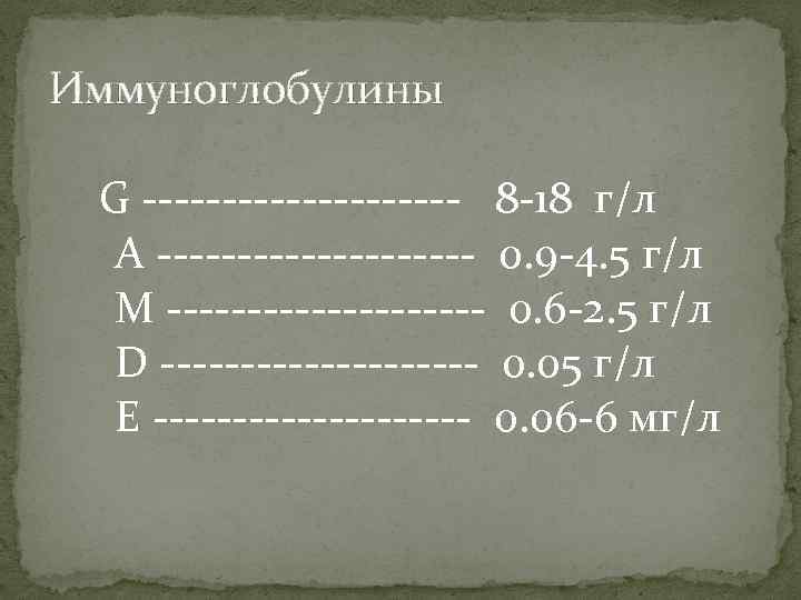 Иммуноглобулины G ---------- 8 -18 г/л A ---------- 0. 9 -4. 5 г/л М