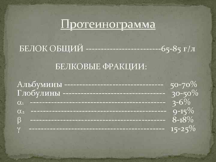 Протеинограмма БЕЛОК ОБЩИЙ -------------65 -85 г/л БЕЛКОВЫЕ ФРАКЦИИ: Альбумины ----------------Глобулины ----------------- 1 ---------------------- 2