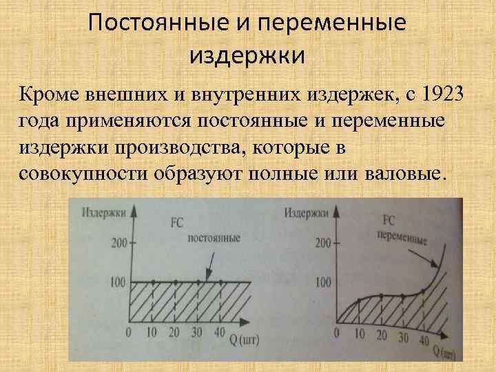 Постоянные и переменные издержки Кроме внешних и внутренних издержек, с 1923 года применяются постоянные