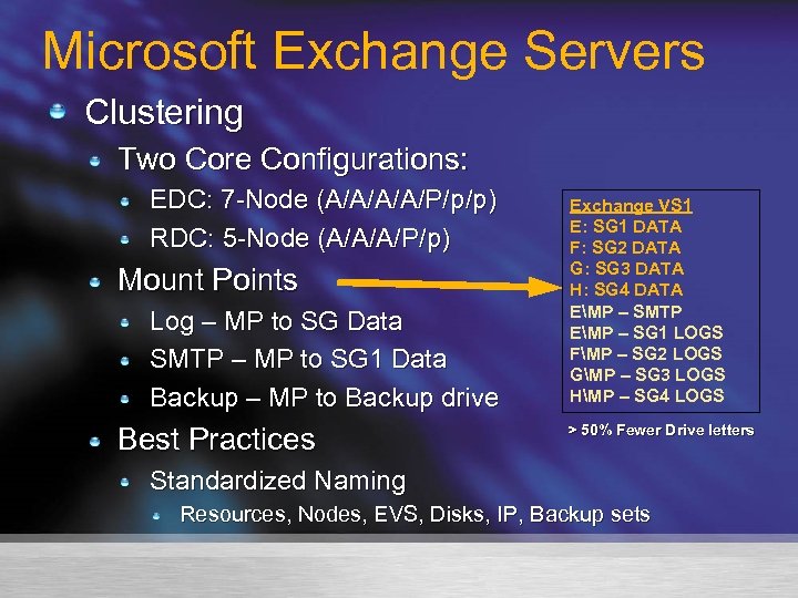 Microsoft Exchange Servers Clustering Two Core Configurations: EDC: 7 -Node (A/A/P/p/p) RDC: 5 -Node