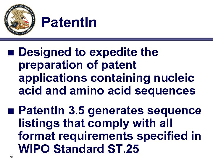 Patent. In n Designed to expedite the preparation of patent applications containing nucleic acid