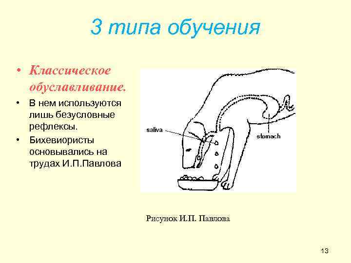 3 типа обучения • Классическое обуславливание. • В нем используются лишь безусловные рефлексы. •