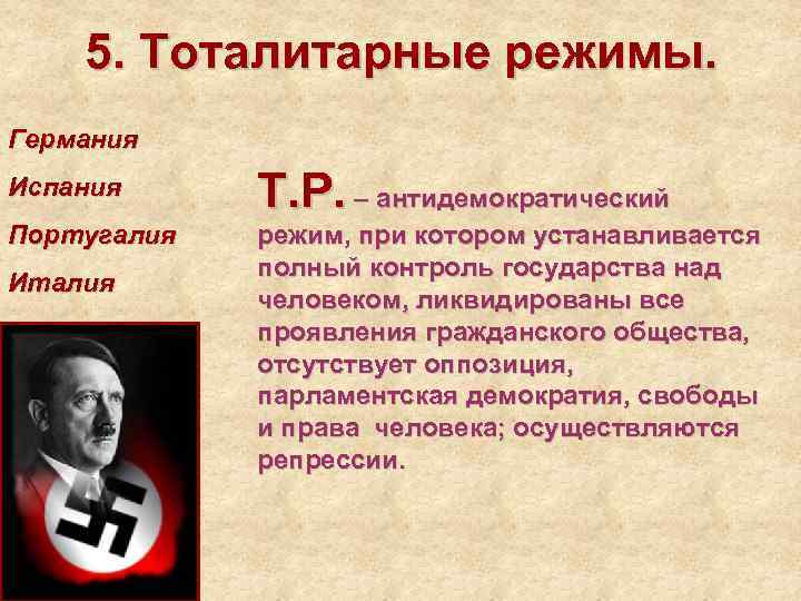 5. Тоталитарные режимы. Германия Испания Т. Р. – антидемократический Португалия режим, при котором устанавливается