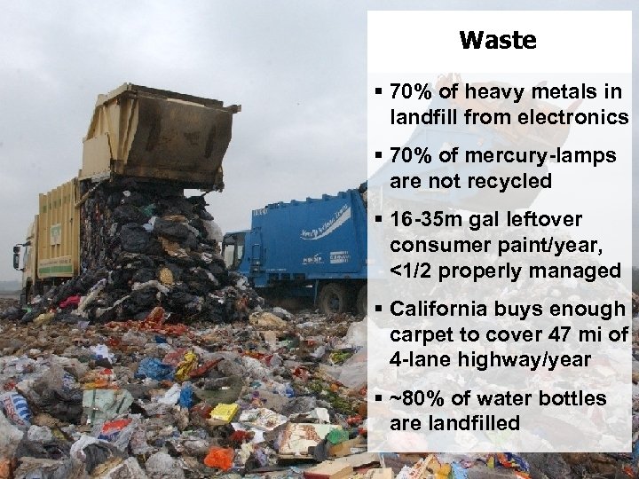 Waste § 70% of heavy metals in landfill from electronics § 70% of mercury-lamps