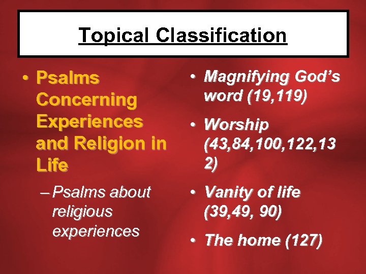 Topical Classification • Psalms Concerning Experiences and Religion in Life – Psalms about religious