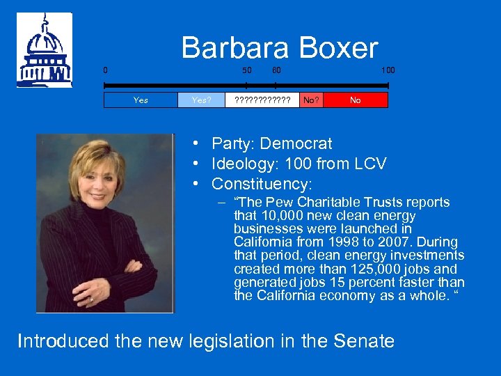 Barbara Boxer 0 50 Yes? 60 ? ? ? 100 No? No • Party: