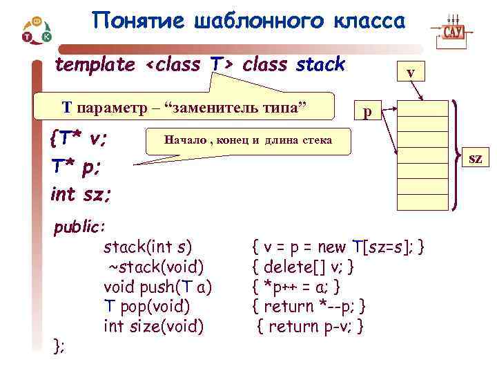 Понятие шаблонного класса template <class T> class stack Т параметр – “заменитель типа” {T*