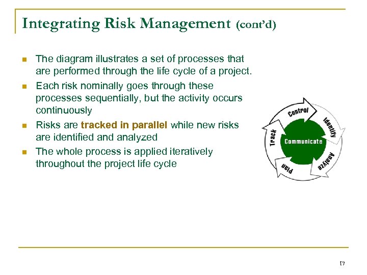 Integrating Risk Management (cont’d) n n The diagram illustrates a set of processes that