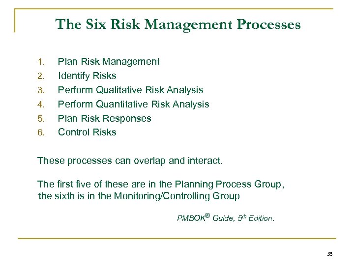 The Six Risk Management Processes 1. 2. 3. 4. 5. 6. Plan Risk Management