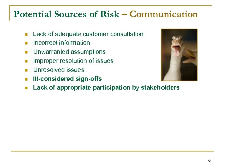Potential Sources of Risk – Communication n n n Lack of adequate customer consultation