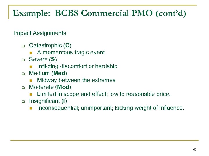 Example: BCBS Commercial PMO (cont’d) Impact Assignments: q q q Catastrophic (C) n A