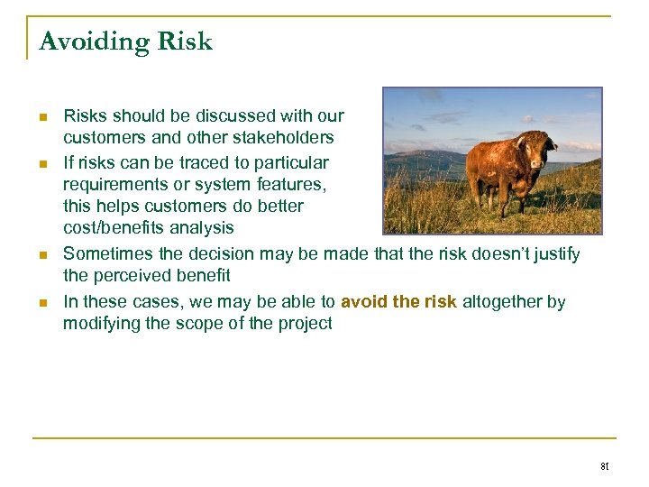 Avoiding Risk n n Risks should be discussed with our customers and other stakeholders