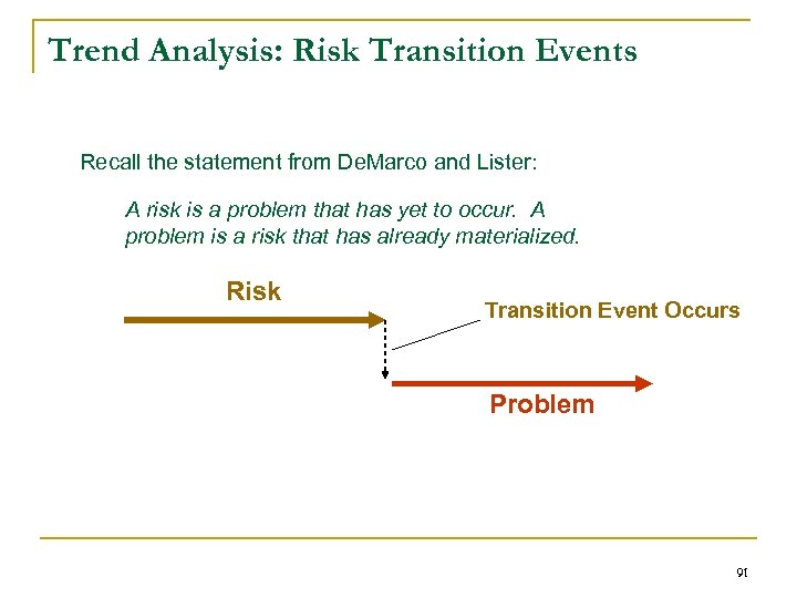 Trend Analysis: Risk Transition Events Recall the statement from De. Marco and Lister: A