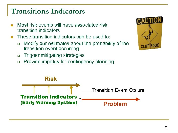 Transitions Indicators n n Most risk events will have associated risk transition indicators These