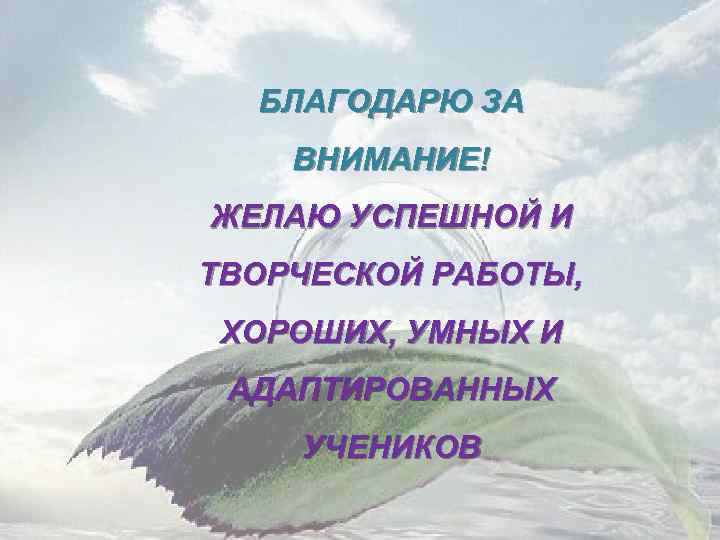 БЛАГОДАРЮ ЗА ВНИМАНИЕ! ЖЕЛАЮ УСПЕШНОЙ И ТВОРЧЕСКОЙ РАБОТЫ, ХОРОШИХ, УМНЫХ И АДАПТИРОВАННЫХ УЧЕНИКОВ 