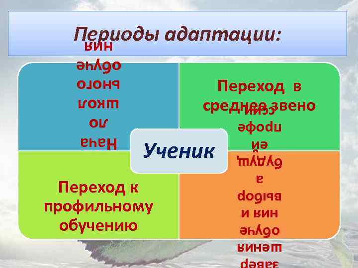 Периоды адаптации: Переход в среднее звено Нача ло школ ьного обуче ния Переход к
